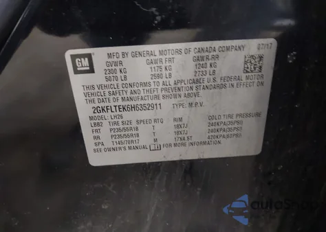 2017 GMC Terrain Sle-2 z USA, uszkodzony, nr VIN 2GKFLTEK6H6352911